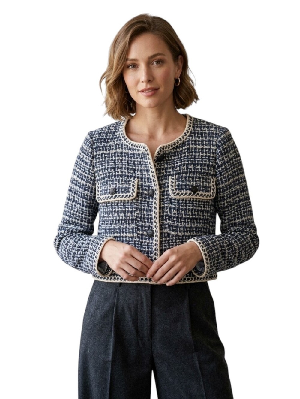 Christian Lacroix Cropped Tweed Jacket Blue White Braided Trim Medium